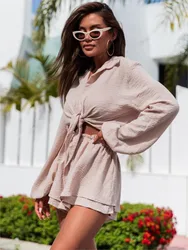 Casual Ruffle Hem Solid Women's Outfits Elegant Lapel Tie Up Shirt + Shorts 2 Piece Sets New 2024 Summer Long Sleeved Loose Suit