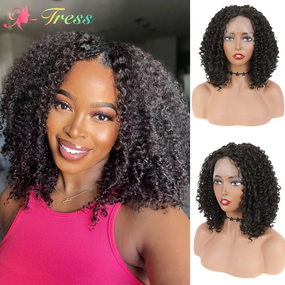 

16 Inch Curly Short Bob Wigs Synthetic Lace Front Wig X-TRESS Dark Brown T Part Kinky Curly Hair Wig for Black Women Daily Use