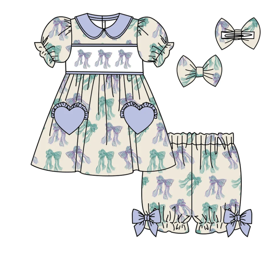 

New Boutique children's suit lapel short-sleeved elastic colorful bow printed shorts elastic bow girl boy shorts pajama suit
