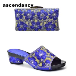 Blue Color African Rhinestone Shoes and Bag Set Italian Ladies Shoes and Bag Set Nigerian Wedding Shoes and Bag Set