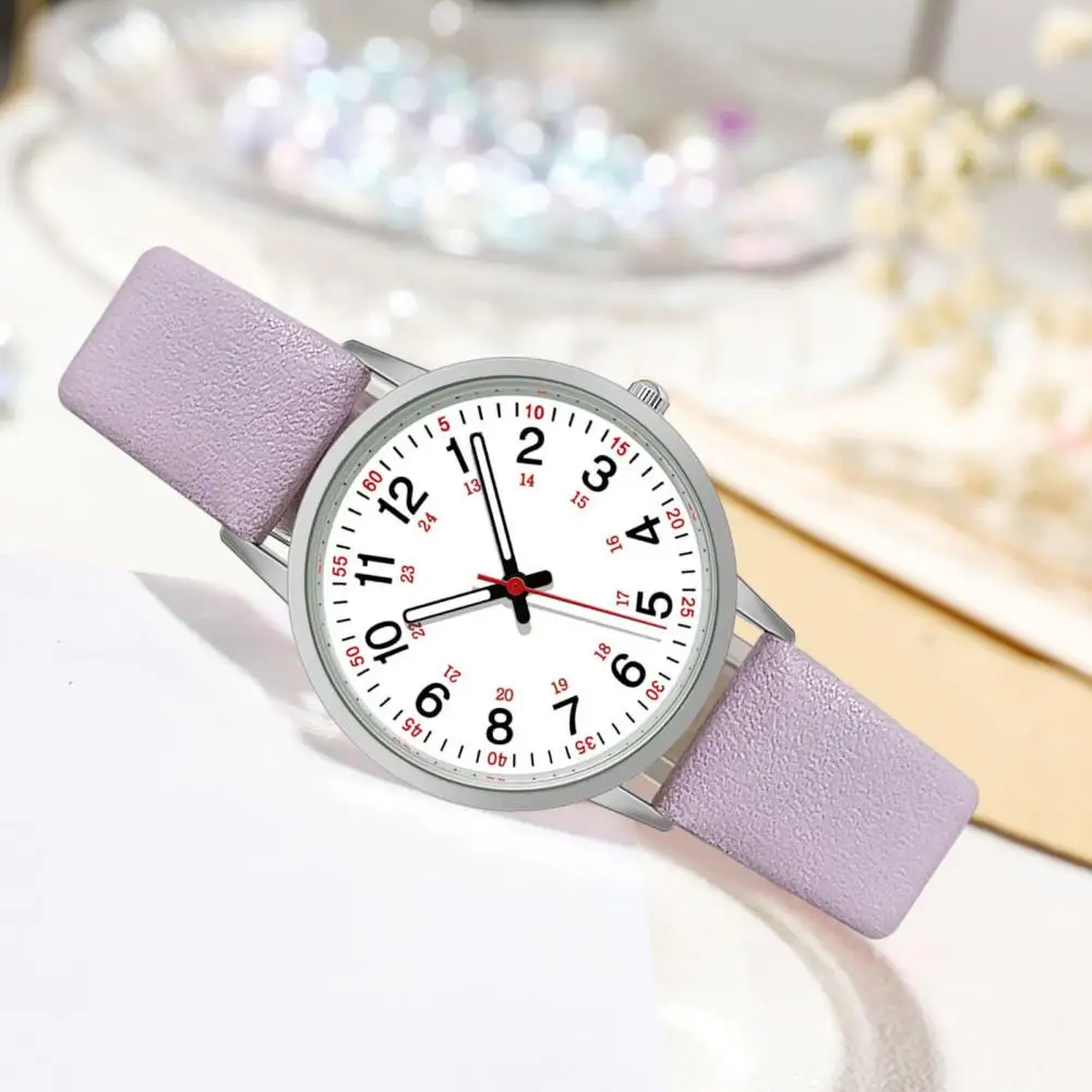 Women Fashion Wrist Watch Luminous Digital Watch with Soft Faux Leather Strap 24 Hours Time Round Dial Quartz Watch