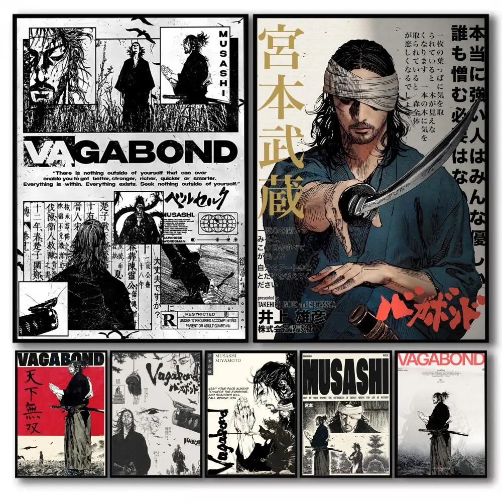 V-Vagabond M-Miyamoto Musashi Poster Stickers Self-Adhesive Painting Mural Decor Wall Decals for Bedroom Living Room Home Gift