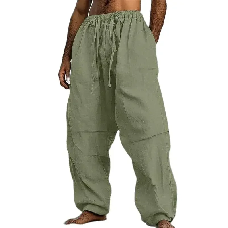Men's Drawstring Elasticized Waist Long Pants Side Pockets Loose Wide Leg Straight Trousers Daily Casual Beach Outdoor Male Wear