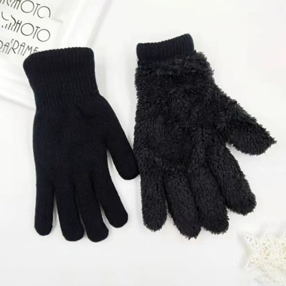 Fashion Black Thickened Gloves Thickened Lamb Velvet Winter Gloves Soft Double Layer Warm Mittens Boys Girl
