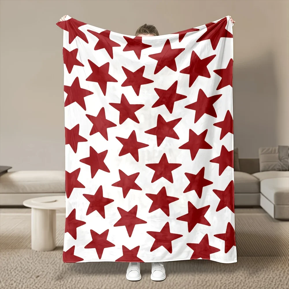Red Five Pointed Star Printed Flannel Blanket Ultra Soft Cozy Premium Plush All Season Use 280Gsm For Bedroom Sofa Home Goods