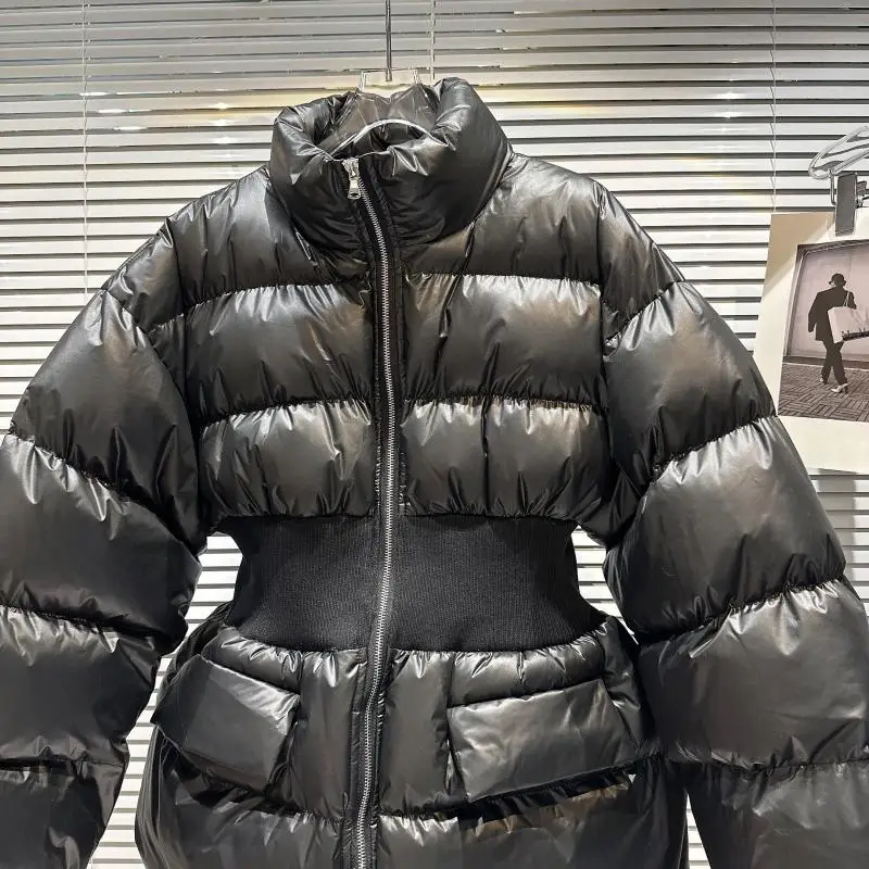 Giacca invernale imbottita in cotone con elastico in vita da donna nuova coreana Cappotto Parka in cotone femminile a maniche lunghe con colletto alla coreana nero color caffè