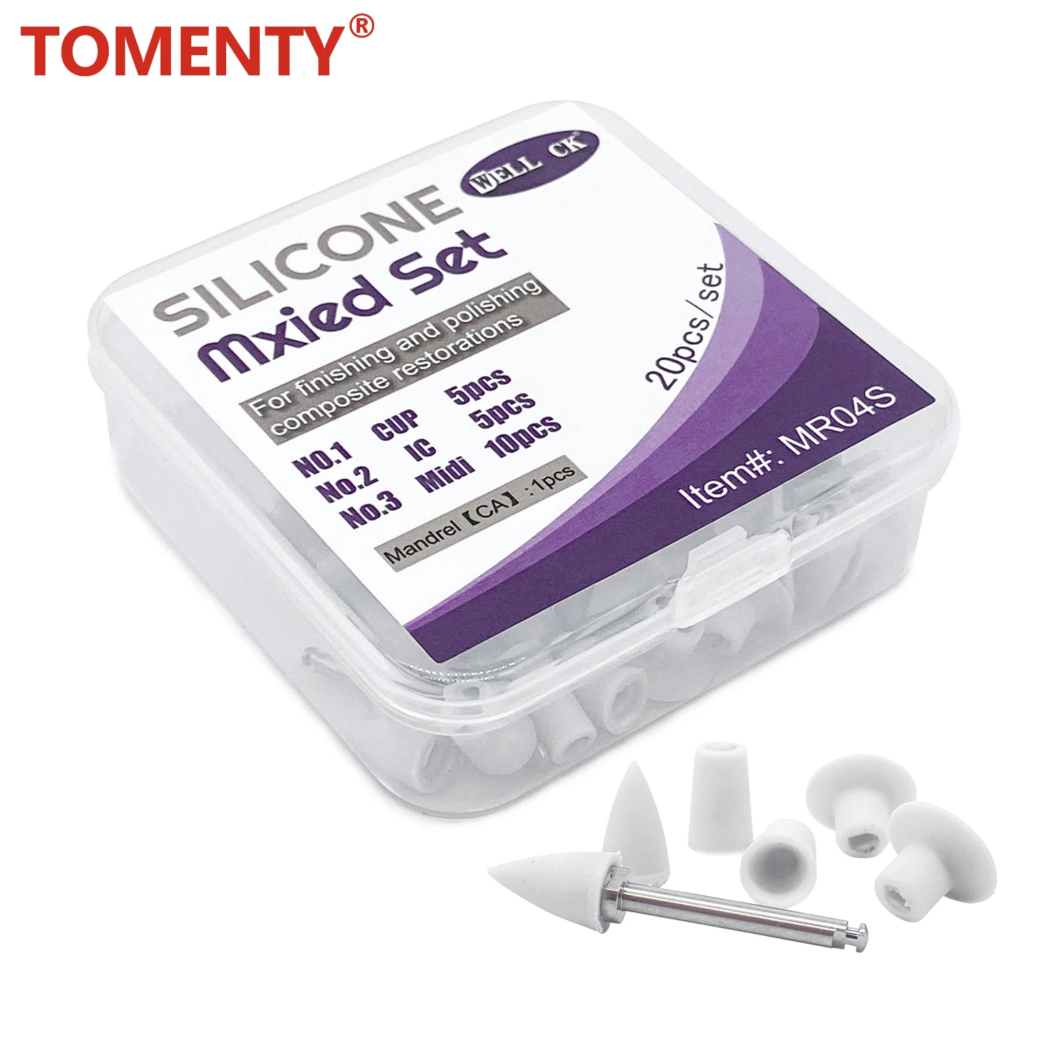 20pcs/Box Tomenty Dental Composite Finishing Polisher Silicon Particle Polishing Head Cup with Mandrel CA 2.35mm Dentistry Tools