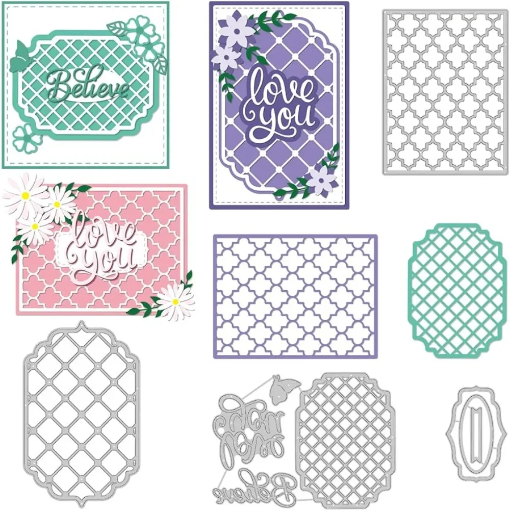 4 Styles Net Lace Frame Cutting Dies Grid Background Metal Cutting Dies for DIY Paper Craft Card Making Scrapbooking Decor