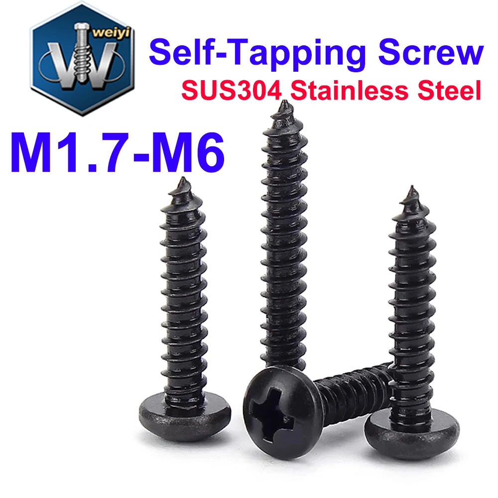 Weiyi M1.7 M2 M2.3 M2.6 M3 M4 M5 M6 SUS304 Edelstahl Schwarz Verzinkte Kreuzschlitz-Flachkopf-Blechschraube – Detail 1