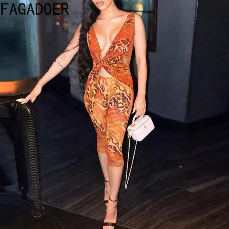 FAGADOER Sexy Leopard Print Jumpsuits Women Deep V-Neck Sleeveless Skinny One Piece Rompers Female Y2K Streetwear Overalls New