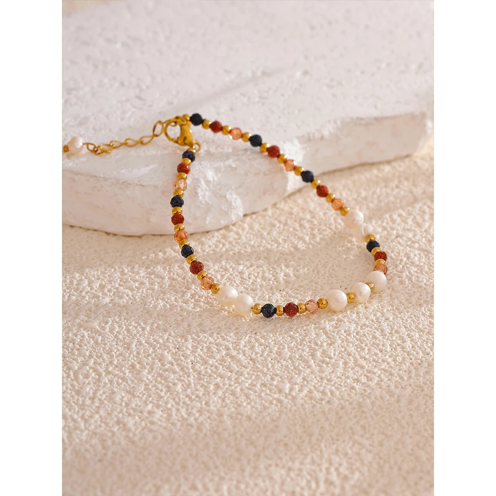 Yhpup Natural Stone Freshwater Pearl  Bead Chain Bling Bracelet Bangle Stainless Steel Handmade Fashion Waterproof Jewelry Women