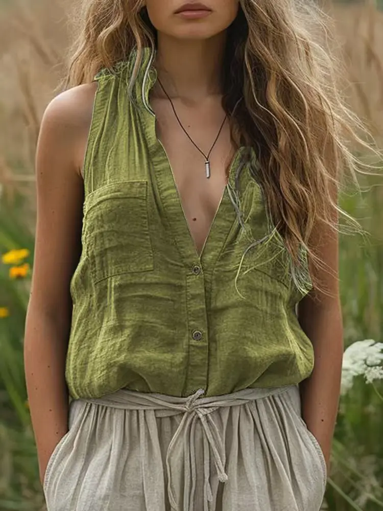 

Casual V Neck Shirt For Women Fashion Solid Sleeveless Button Shirts Tops Lady Boho Holiday Beach Streetwear Women's Clothing