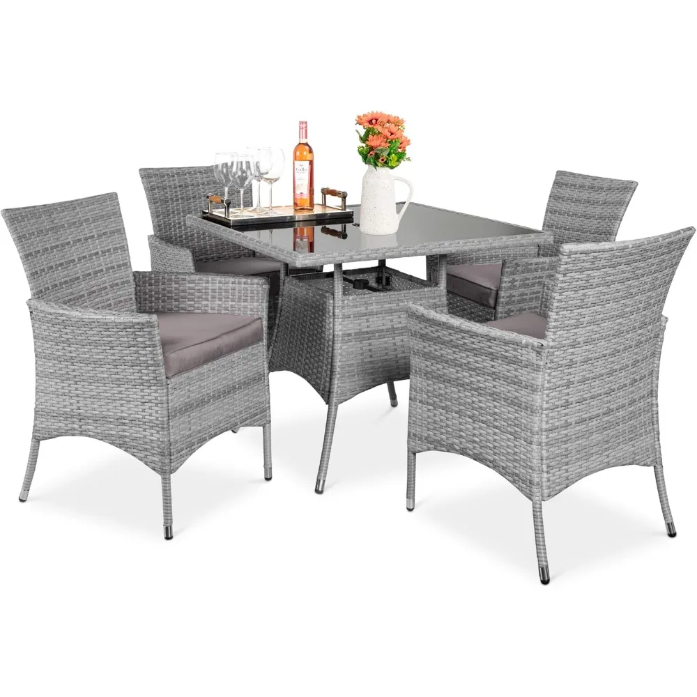 

5-Piece Indoor Outdoor Wicker Dining Set Furniture for Patio, Backyard w/Square Glass Tabletop, Umbrella Cutout, 4 Chairs - Gra