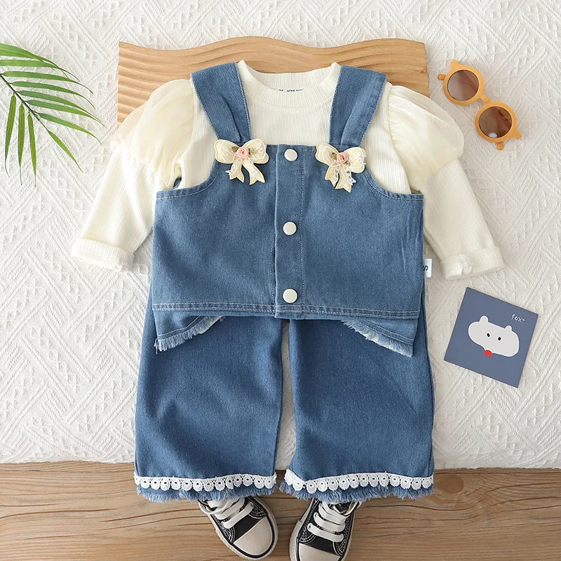 Spring Girls' Baby Clothes Fashion Design Sets T-shirt Top+Cowboy Strap Top+Jeans Suits for Girls' Baby Clothing Birthday Sets