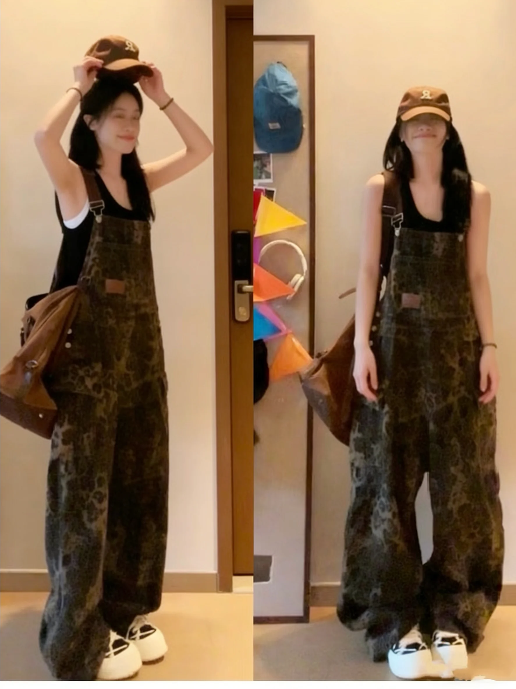 

Retro Leopard Print Denim Overalls Women's High Waist Slim Straight Leg Floor Length Pants Spring Summer New Style Casual Cot...