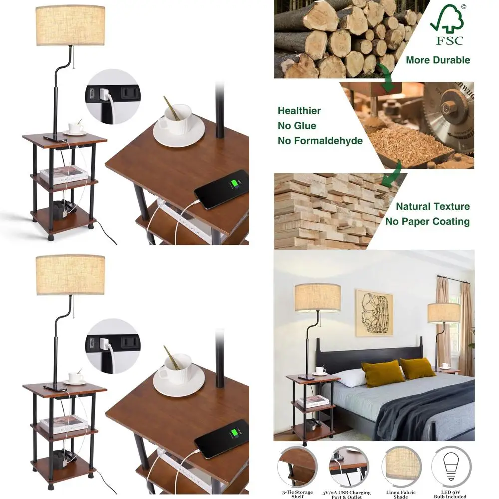 

Rustic 3-Tier Shelf LED Floor Lamp with USB/Type C Ports and Outlet, Perfect for Living Room, Bedroom, or Office