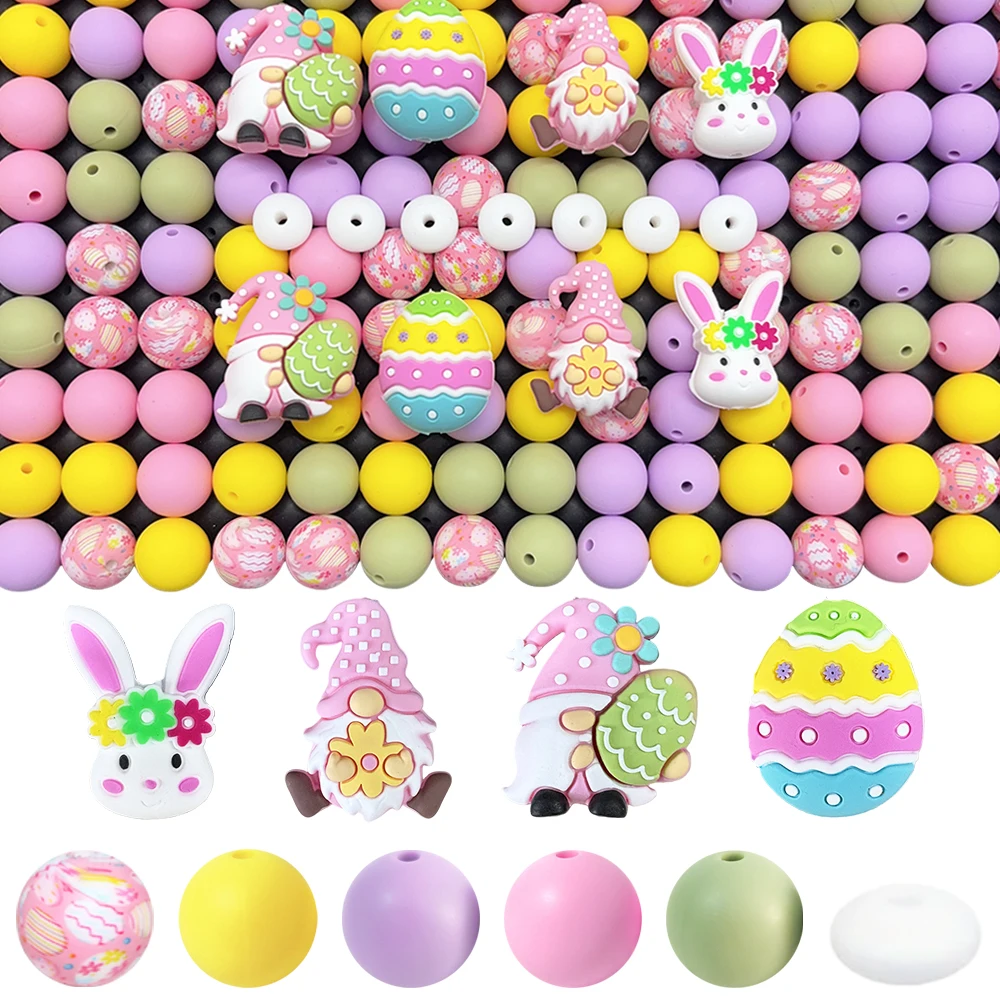 25/32/59PCS Easter Dwarf Rabbit Silicone Bead Set, perfect for DIY handmade crafts such as keychains, necklaces, bracelets, etc