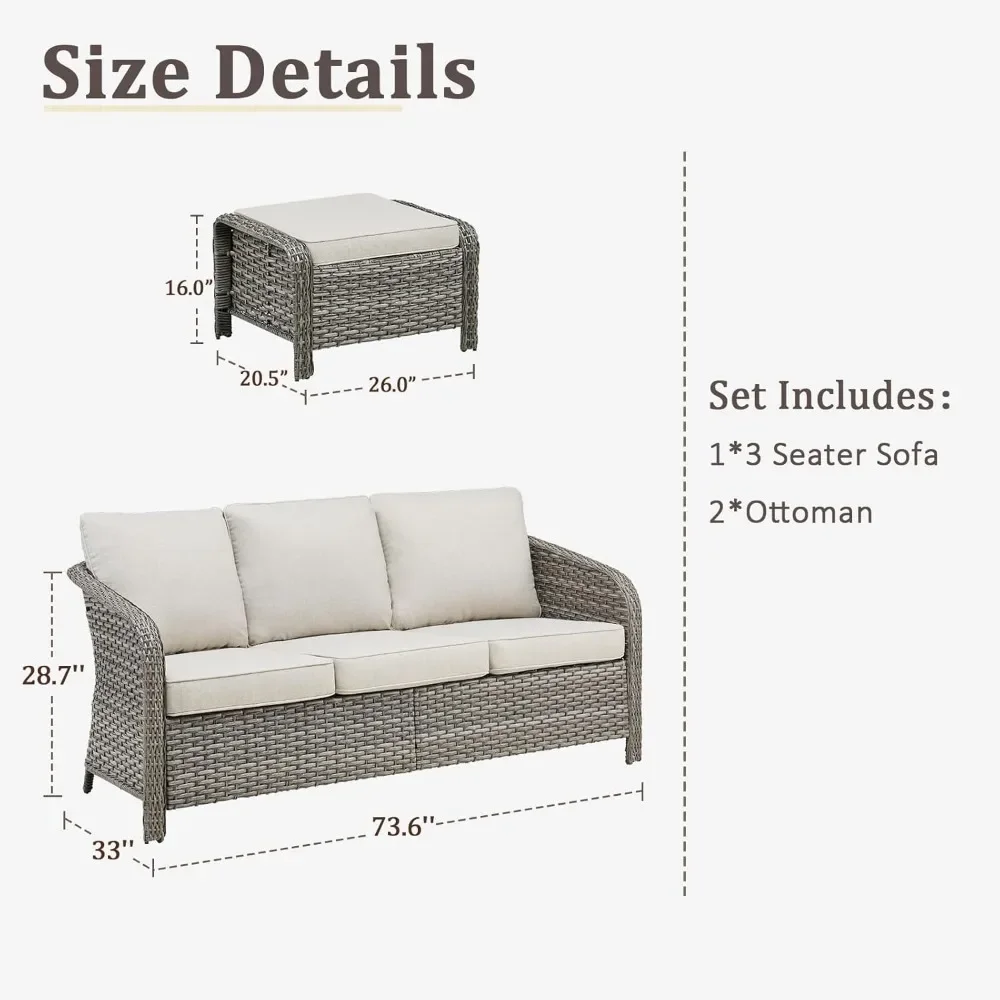 3 Piece Patio PE Wicker 3-seat Sofa, 73.6'' Long Outdoor Couch Patio Sofas with 2 Ottoman, Barrel-Shaped Wicker Sofa