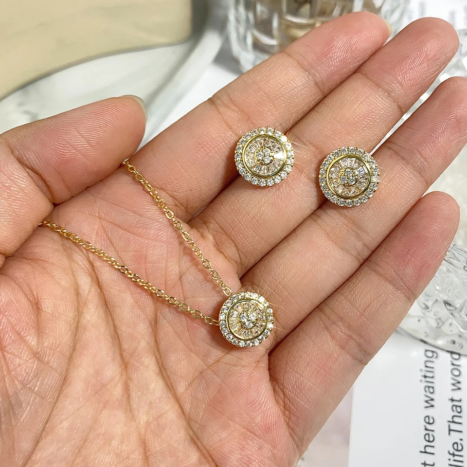 Women's Korean Circular Micropaved Zircon Necklace Earrings Set