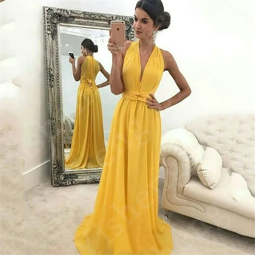 Vestido de dama de honor amarillo de corte bajo, traje largo de gasa con cuello en V, sin mangas, Formal, para fiesta de graduación, 2024