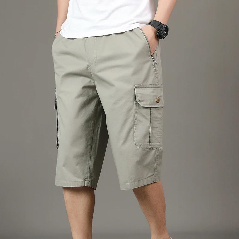 Men\'s Solid Color Pockets Button Elastic High Waisted Summer Casual Straight Vacation Cargo Capri Pants Preppy Style Shorts