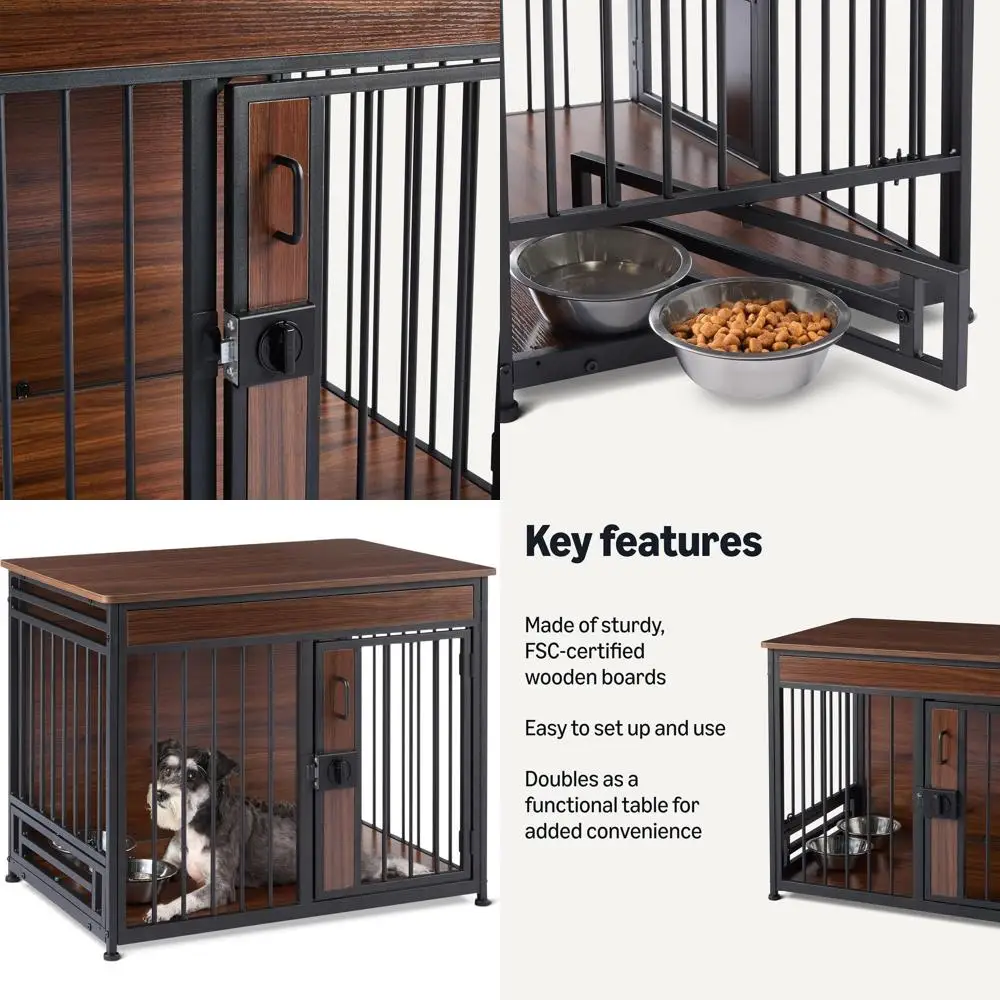 

Ящик для собак в стиле мебели, две миски в комплекте, 30 x 20,4 x 23,6 дюйма, орех