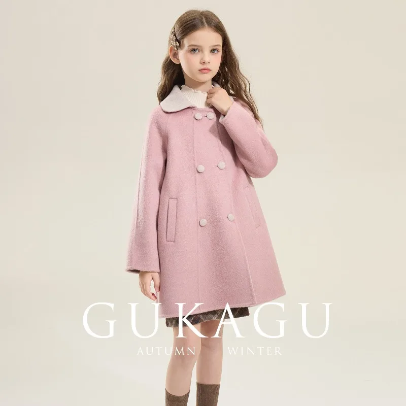 Girls Pink Wool Blend Coat Contrast Lapel Collar Double Breasted Mid-Length Warm Overcoat Kids Casual Outerwear with Pockets