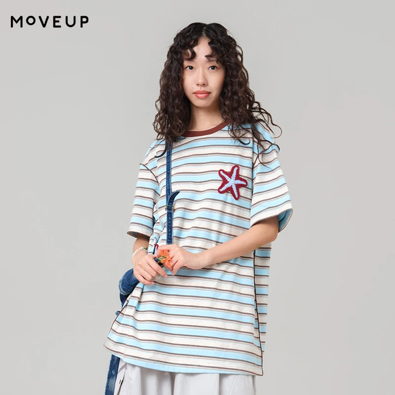 MOVEUP Short Sleeved Round Neck T-Shirt 2026 Summer New Contrast Striped Starfish Hand Hook Piece Casual Top For Women 3ELX10545
