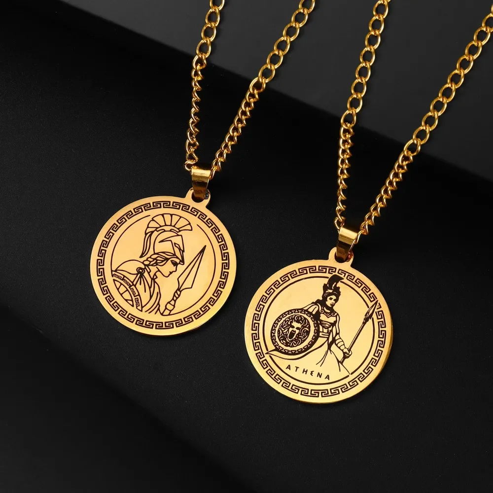 New Gothic Stainless Steel Ancient Greek Goddess Athena Round Pendant Necklace for Men Women Hip Hop Vintage Necklaces Jewelry