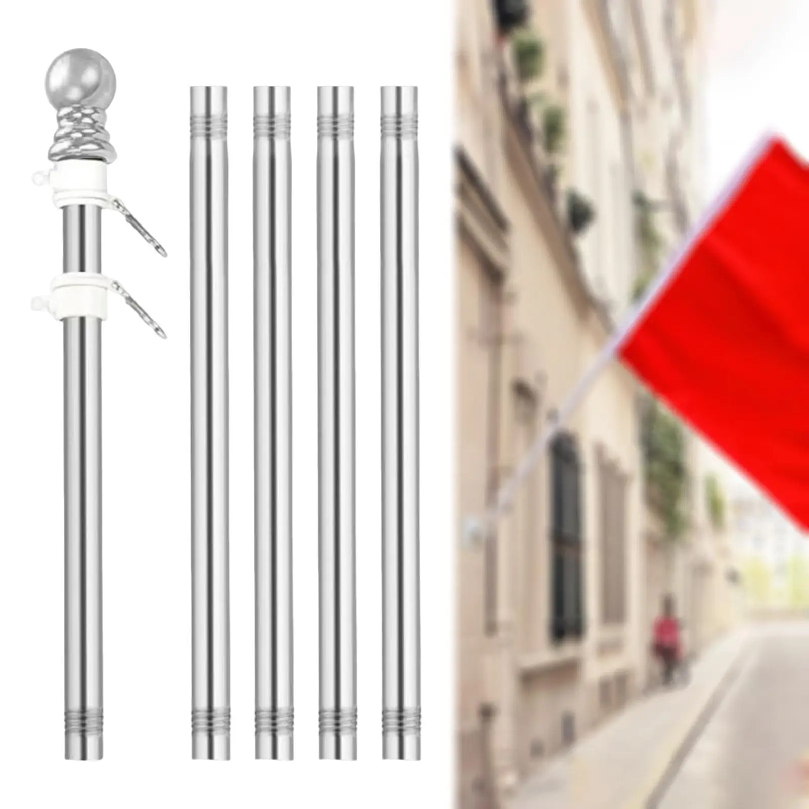 5x Flag Pole Five Sections Rod Wall Mount Sturdy Rustproof for House Porch