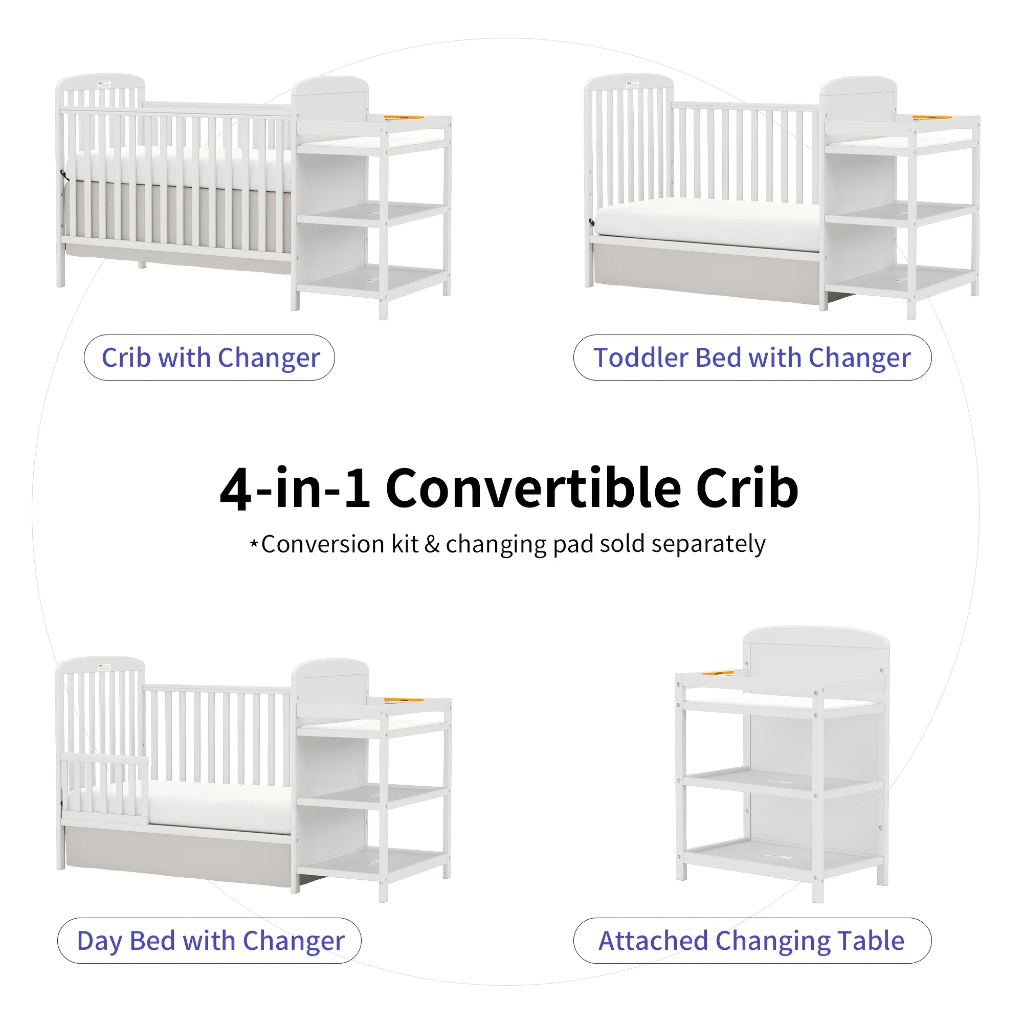Factory Direct 2026 Goldzone 4-in-1 Convertible Baby Crib, Wooden Baby Stuffs Converts Into Toddler Bed with Changing Table