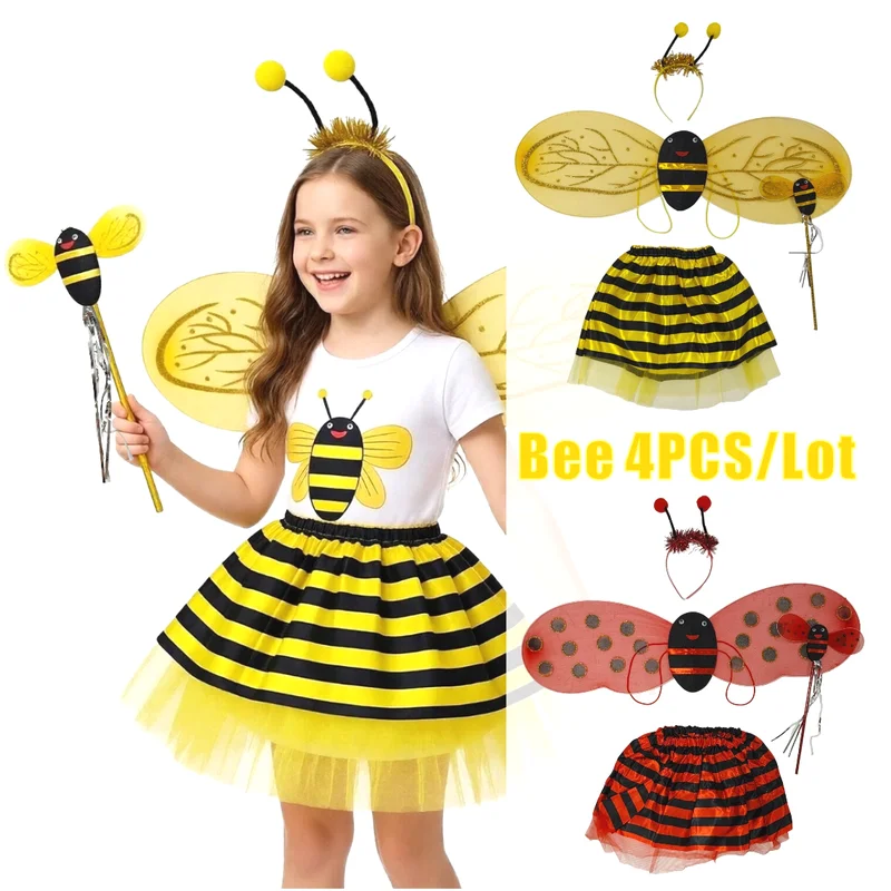 Disfraz de Abeja Amarilla y Roja de 4 Piezas para Niñas, Alas Pintadas con Polvo Dorado, Falda, Varita, Diadema, Accesorio para Actuaciones con Temática de Insectos para Halloween
