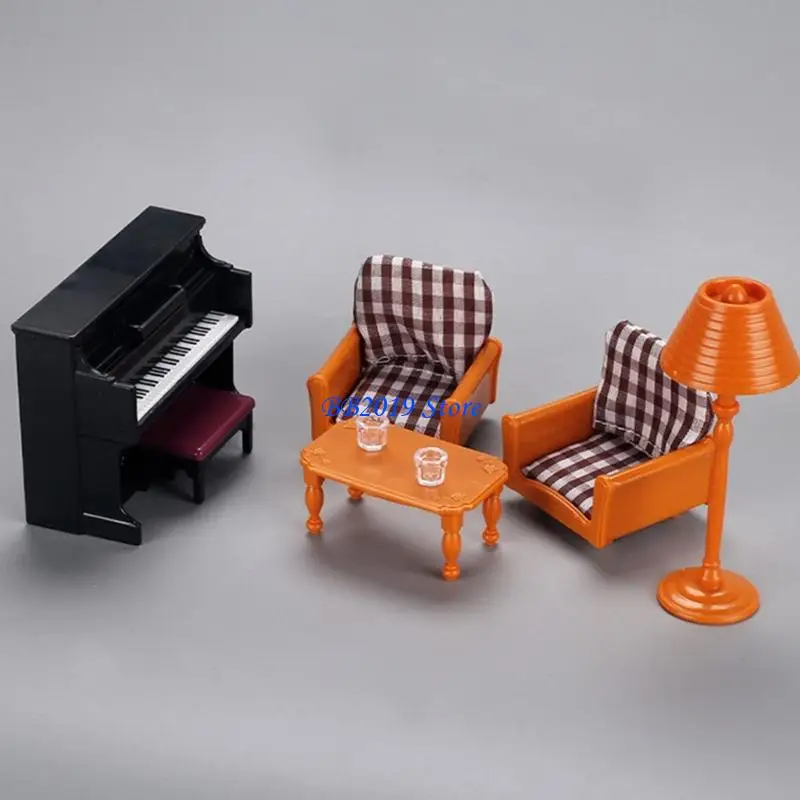

Q0KB Dollhouses Piano Model Music Instrument Set for Room Decoration Small Stool Craft Miniature Decors