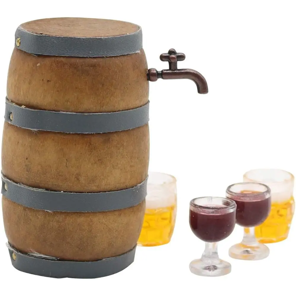 Miniature Wooden Barrel with Wine Glass and Cork for Garden Bar Decor