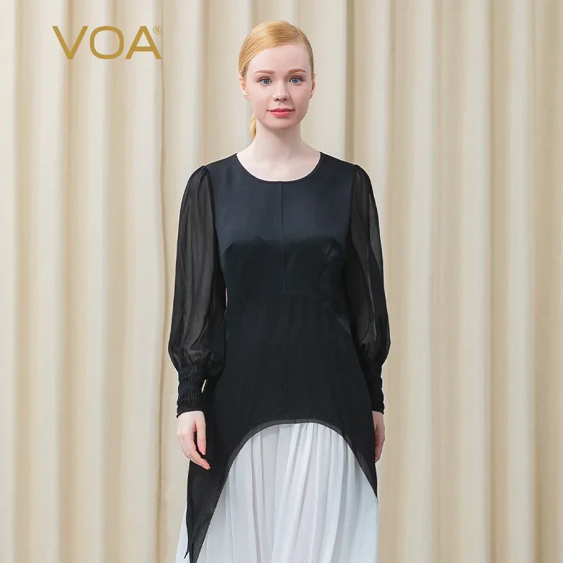 VOA Silk Tops 40m/m Heavy Double-sided Satin Round Neck Perspective Long Sleeve Black Slim Curved Hem T-shirt Woman BE663