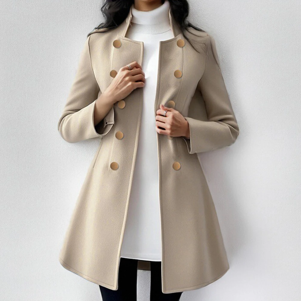 

Mia Muse Women'S Coats Winter Decent Khaki Single Breasted Long Sleeve Stand Collar Retro Casual Elegant Workwear Coats