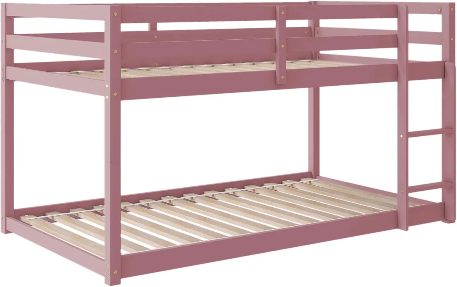 سرير مزدوج بطابقين مع سلم، قضبان حماية أمان، إطار من الخشب الصلب، وردي