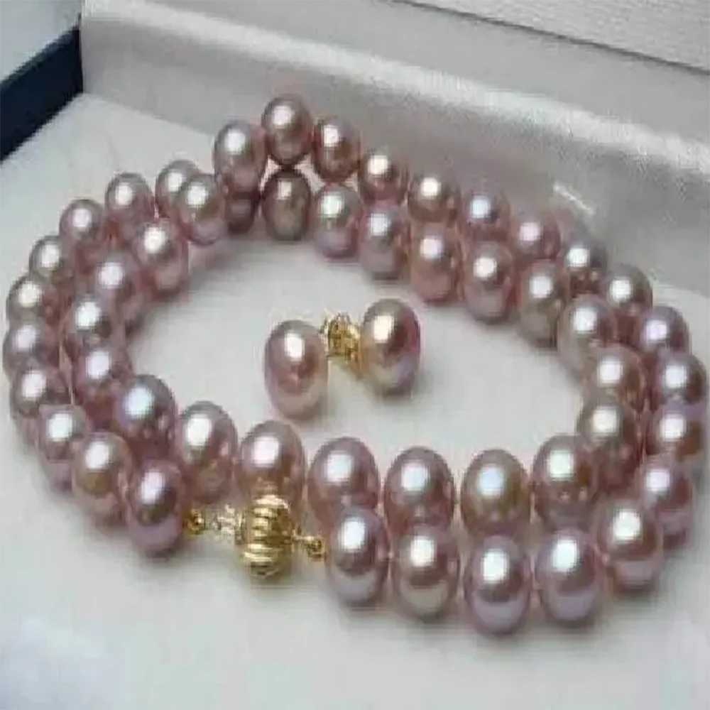 

HOT sell new Style genuine 8-9mm Purple natural south sea Pearl Necklace+earring 18"