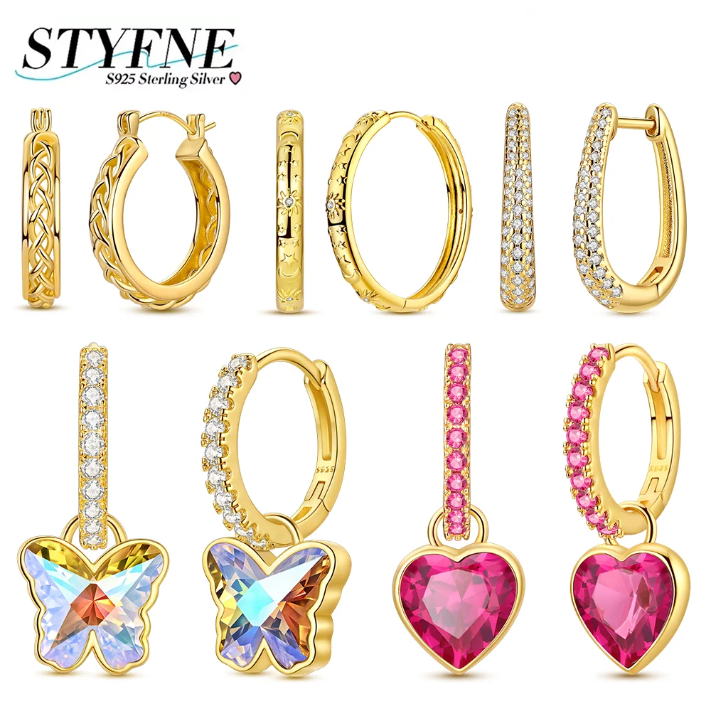 

Women Earrings 925 Silver Gold Zircon U-shaped Earrings Rose Hearts Sparkle Butterfly Hoop Earrings for Birthday Jewelry Gifts