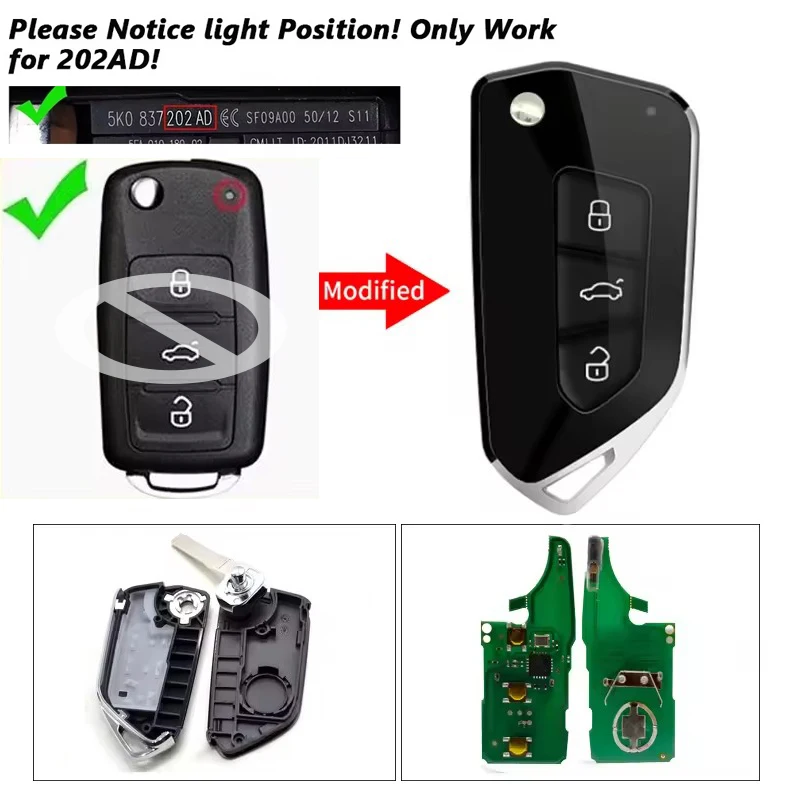 KEYECU Replacement Modified Upgraded Flip Remote Key Fob 3B 434MHz ID48 for VW Beetle Passat Tiguan Jetta Polo Golf 5K0837202AD
