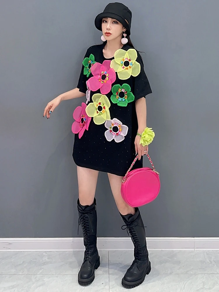 SHENGPALAE Three-d Colorful Flower Spliced T-shirt For Women Spring Fashion Niche Design Short Sleeve Casual Tees 2024 New R8809