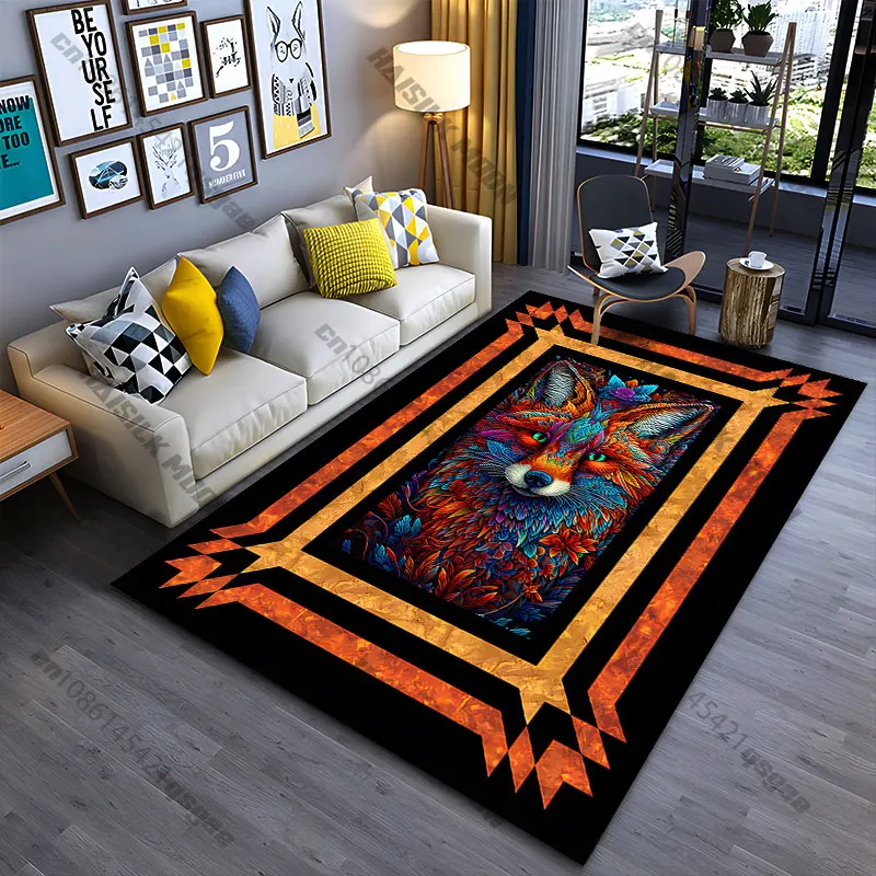 Colorful fox in artistic frame carpet Yoga living room room decor children's crawling mat doormat area rug games mat