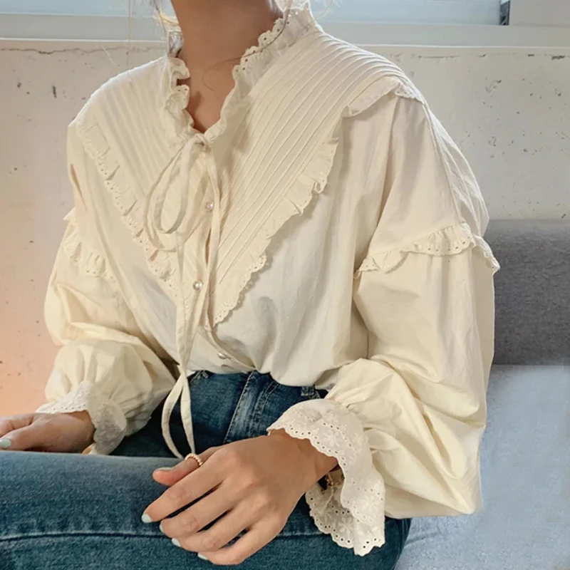 2024 Long Sleeve Vintage Women Lace Shirts Hollow Out Casual Elegant Tops Women Solid Lace Up Bow Loose Blouses New Blusas 9580