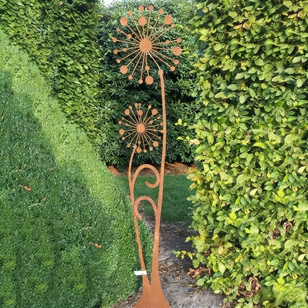 Dandelion Themed Garden Stake Rust Finished Iron Outdoor Decor for Landscaping Flower Beds Balconies 30/35cm Tall