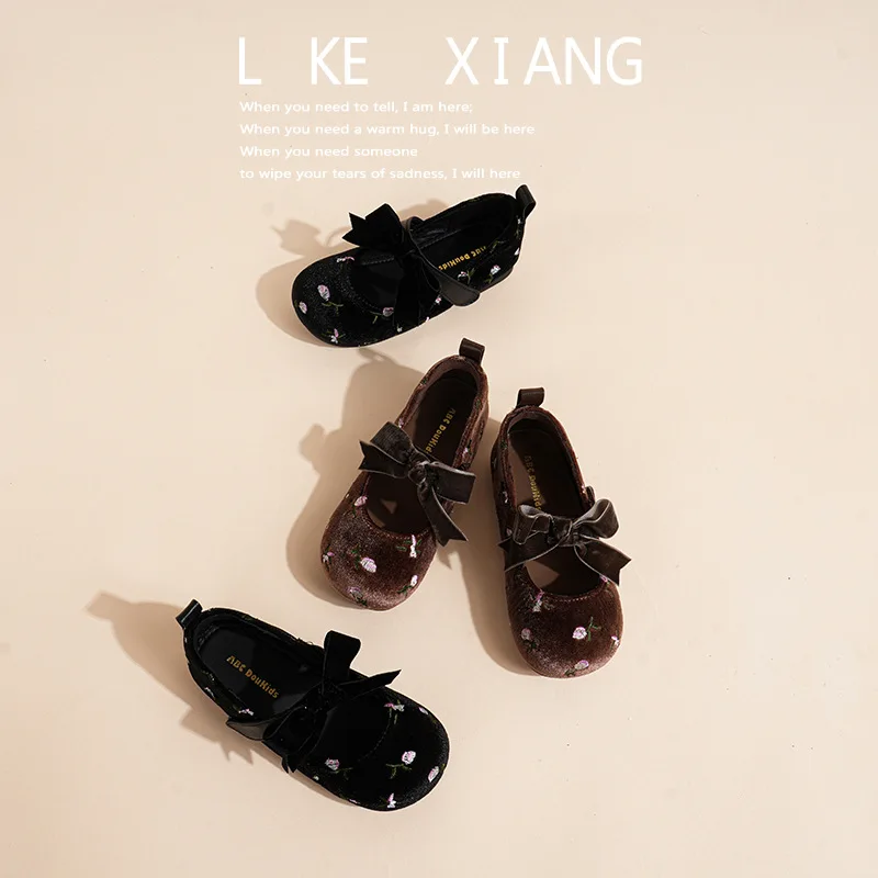 Girls Single Shoes Children's New Flat Shoes Suede Classic Bow Small Leather Shoes New Chinese Soft Soled Princess Shoes