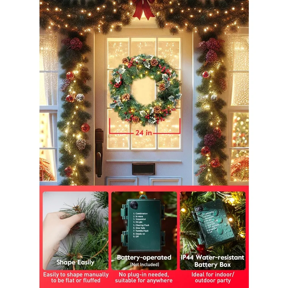 إكليل عيد الميلاد المضاء مسبقًا مقاس 24 بوصة - إكليل صنوبر LED يعمل بالبطارية مع التوت ومخاريط الصنوبر لديكور الباب والجدران #3