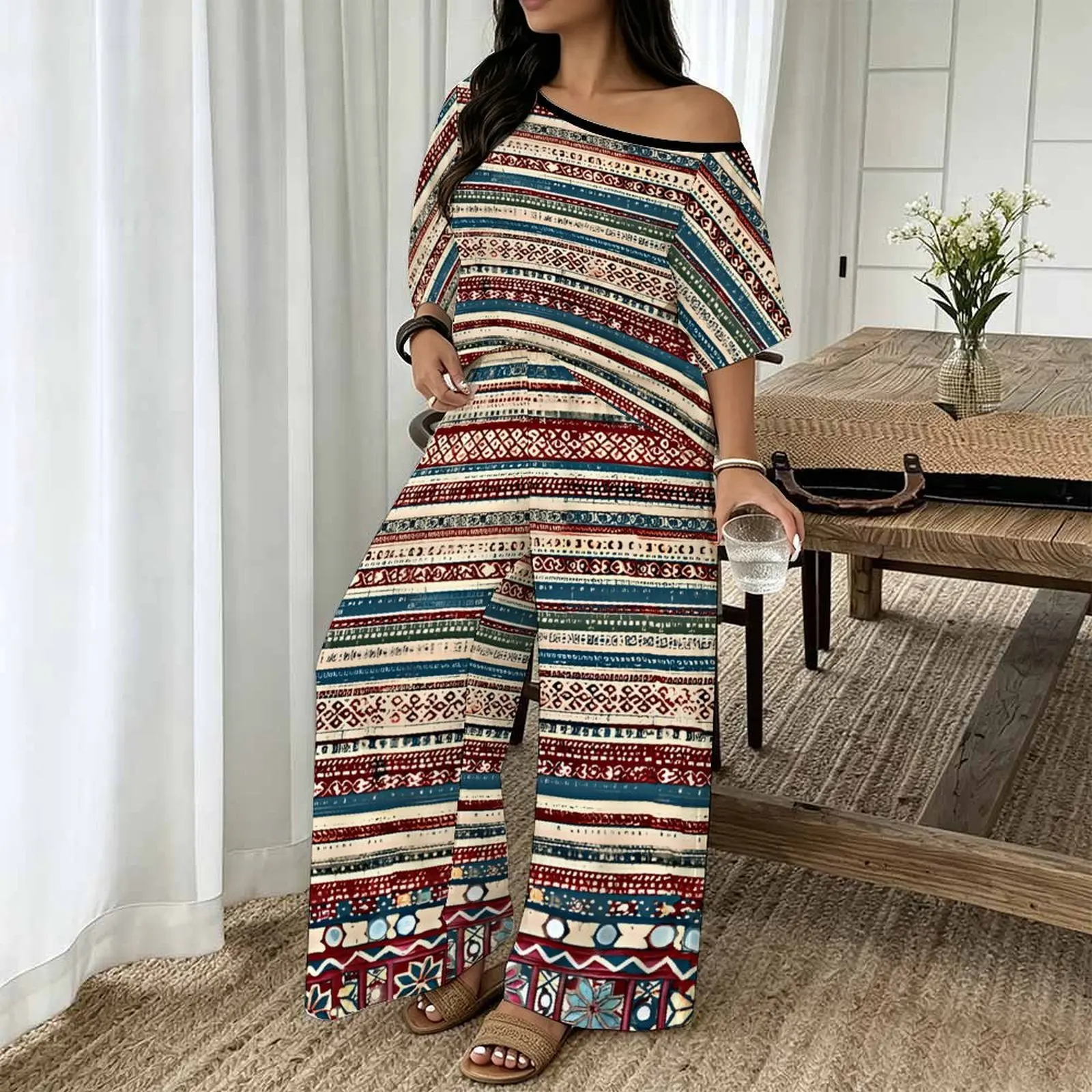 Plus Size Women Spring/summer Print Two Piece Set Street Vacation  Short Sleeved Fashion Retro Tops Everyday  Casual Long Pants