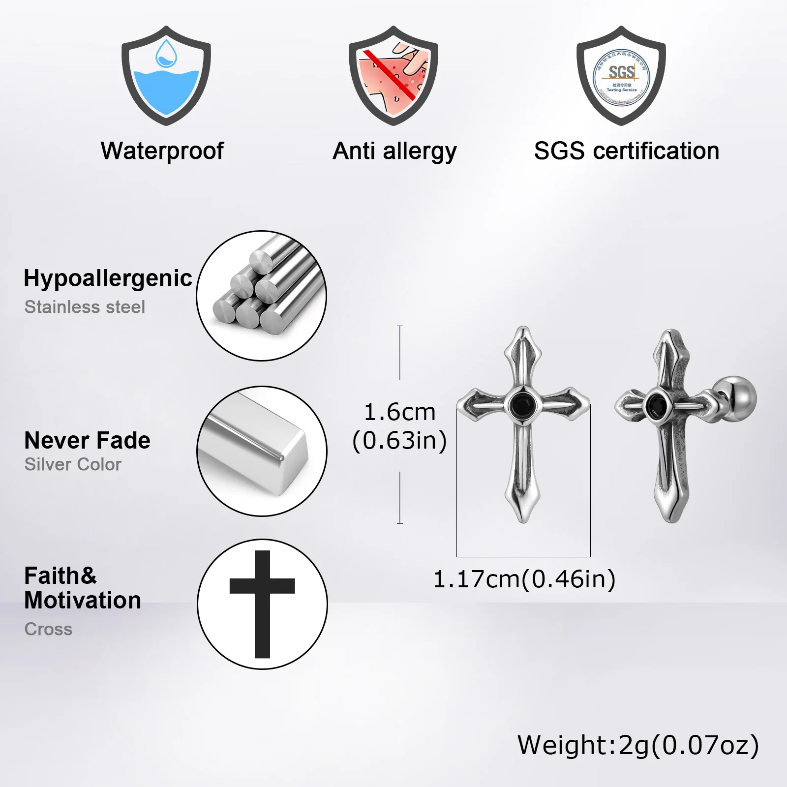 Trendy Classic Cross Earrings for Men Teen, Stainless Steel Stud Earrings, Hypoallergenic Waterproof Piercing Jewelry Gift