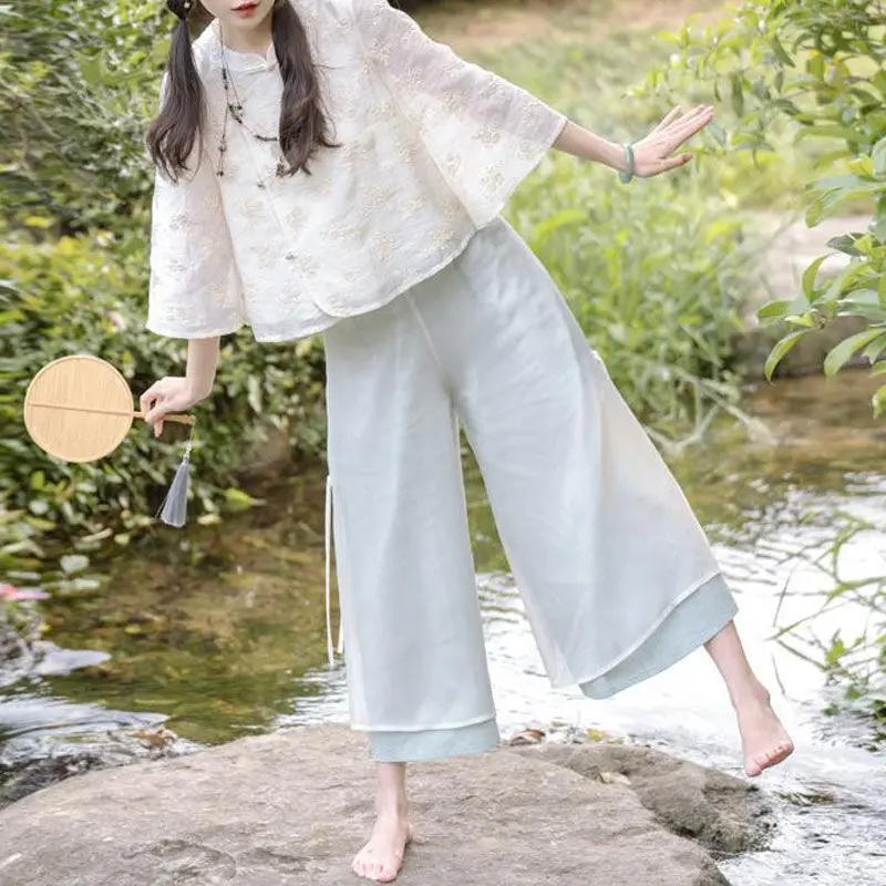 

Summer New Chinese Style 2 Piece Sets Womens Outfits Fashion Artistic Retro Female Blouse and Casual Pants Sets