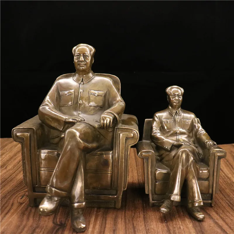 Pure copper chair with Chairman Mao's image waving, holding a book, ancient great leader bronze statue for office desk or living